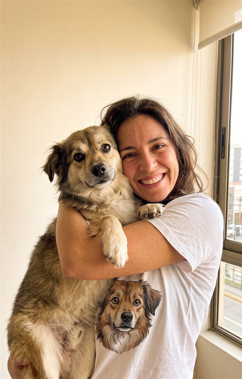 Cliente Rocky Blues abrazando a su perro, con la polera con la ilustración de su mascota