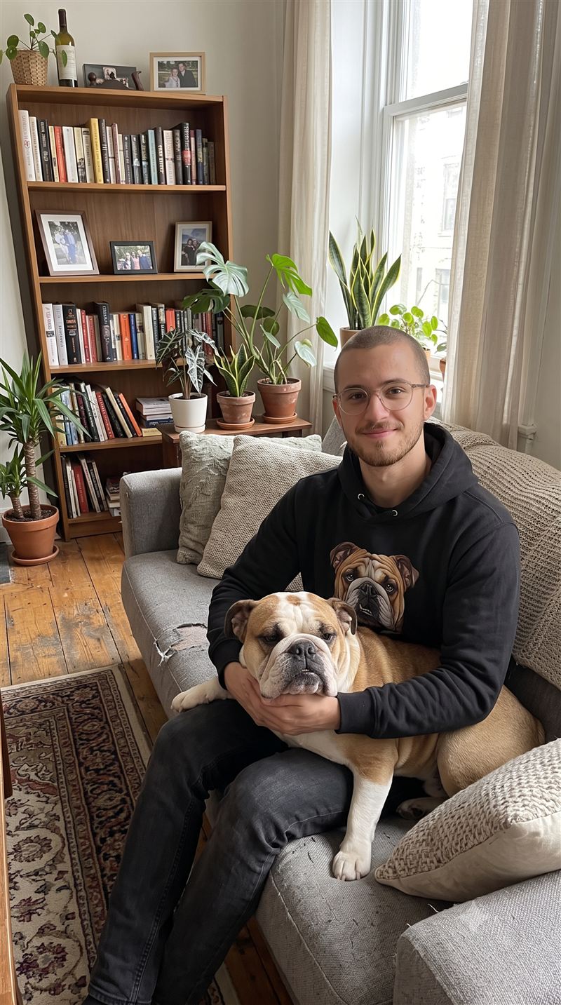 Cliente Rocky Blues con su bulldog, usando el polerón con la ilustración de su perro
