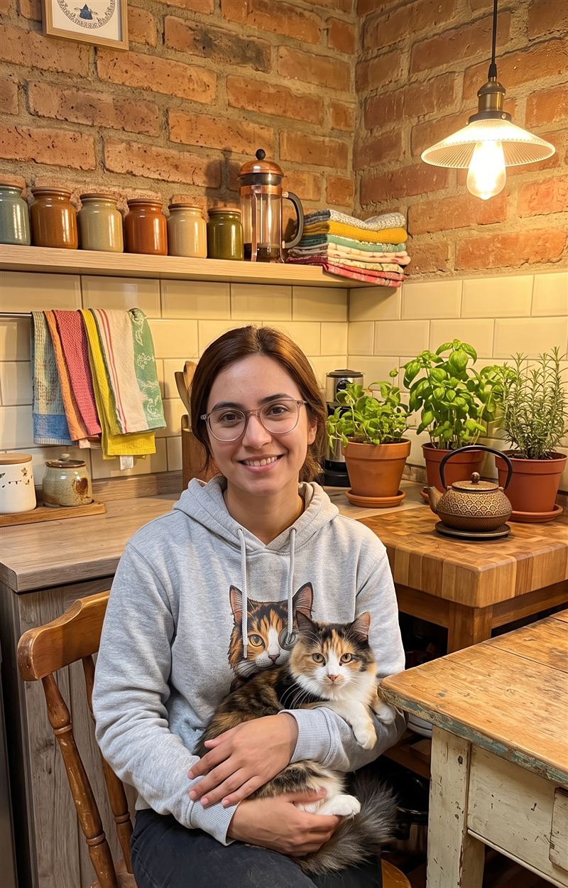 Cliente Rocky Blues con su gato, usando el polerón con el retrato realista de su gato