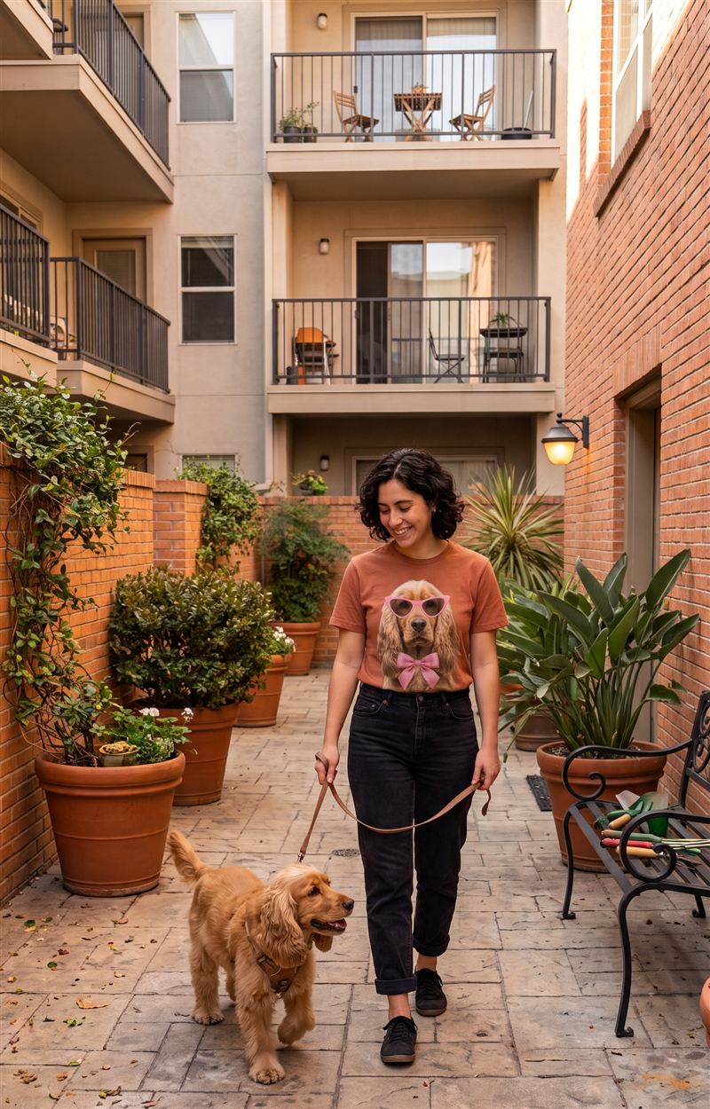 Cliente Rocky Blues con su cocker spaniel usando la polera personalizada