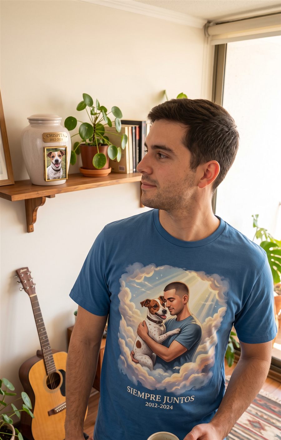 Cliente Rocky Blues usando una polera con un tributo ilustrado de su mascota